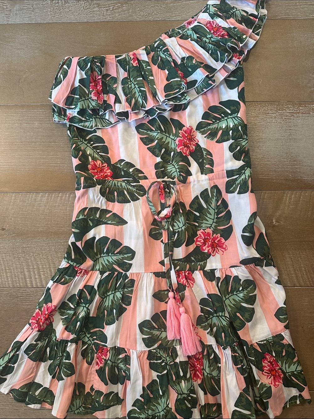 Lovers + Friends Pink Tropical One-Shoulder Ruffle Dress NWOT
